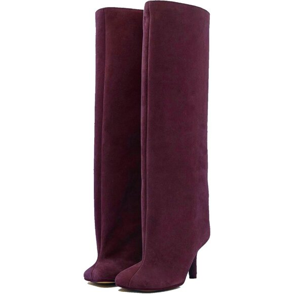 Women's Burgundy Wide Calf Square Toe Stiletto Heels Knee High Suede Boots